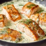 Six perfectly seared Creamy Dill Salmon fillets generously coated in a rich, light green sauce with fresh dill, presented in a dark skillet.