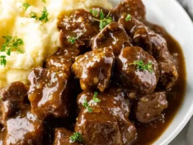 A close-up of a white plate featuring rich Crockpot Beef Tips With Gravy, garnished with fresh thyme, served alongside fluffy mashed potatoes.