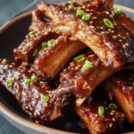 A close-up shot of glossy Crockpot Chinese Ribs, garnished with sesame seeds and chopped green onions, served in a dark ceramic bowl.