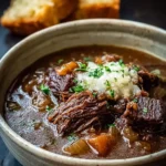 A close-up shot of a hearty bowl of French onion short rib stew, garnished with white relish and fresh parsley, served with bread in the background.