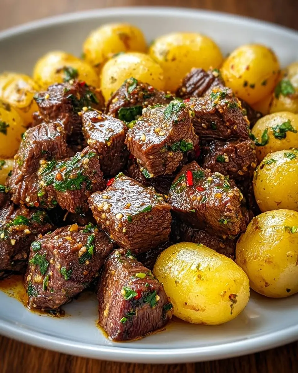 garlic butter beef bites with potatoes