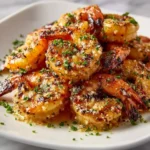A close-up shot of a white plate piled high with golden-brown Garlic Parmesan Roasted Shrimp, garnished with fresh chopped parsley.