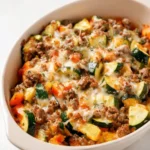 A close-up of a bubbling ground turkey zucchini casserole in a white oval baking dish, topped with melted cheese.