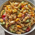 A close-up of a delicious High Protein BBQ Chicken Pasta Salad featuring rotini, chicken, bell peppers, red onion, cucumber, and tomatoes.