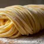 A close-up of a bundle of fresh, raw, yellow noodles dusted with flour, ready for a Homemade Ramen Noodles Recipe.
