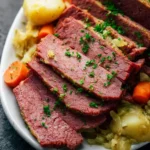 A platter of perfectly sliced Instant Pot Corned Beef with tender potatoes, carrots, and cabbage, garnished with parsley.