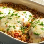 Three cheesy chicken breasts on a bed of rice and tomatoes in a white baking dish, showcasing a delicious Italian Chicken Casserole.