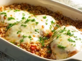 Italian Chicken Casserole 50 Three cheesy chicken breasts on a bed of rice and tomatoes in a white baking dish, showcasing a delicious Italian Chicken Casserole.