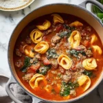 Hearty Italian Sausage Tortellini Soup in a grey pot, garnished with Parmesan cheese, spinach, and flavorful ground sausage.