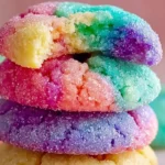 A vibrant stack of sparkling, rainbow Jello Sugar Cookies, with the top cookie broken to show its colorful interior.