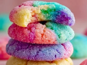 A vibrant stack of sparkling, rainbow Jello Sugar Cookies, with the top cookie broken to show its colorful interior.