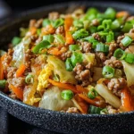 A close-up of a delicious keto egg roll in a bowl, featuring seasoned ground meat, cabbage, carrots, and green onions in a dark speckled bowl.
