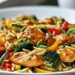 A close-up of a white plate brimming with a healthy and colorful Lemon Chicken and Veggie Orzo, garnished with fresh green herbs.