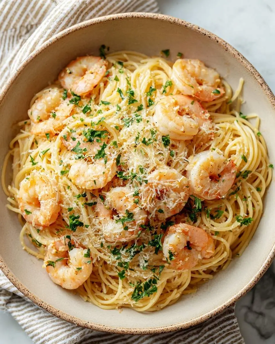 Lemon Garlic Parmesan Shrimp Pasta 25 A close-up of a bowl of delicious Lemon Garlic Parmesan Shrimp Pasta, garnished with fresh parsley and grated cheese.