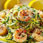 A close-up of a white bowl filled with vibrant Lemon Garlic Shrimp Zucchini Noodle, garnished with fresh herbs, chili flakes, and grated cheese, with lemon wedges in the background.