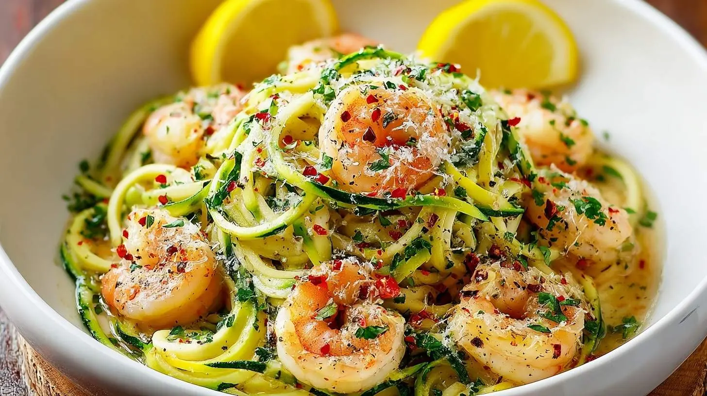 Lemon Garlic Shrimp Zucchini Noodle 28 A close-up of a white bowl filled with vibrant Lemon Garlic Shrimp Zucchini Noodle, garnished with fresh herbs, chili flakes, and grated cheese, with lemon wedges in the background.