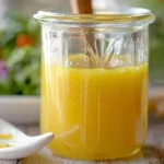 A vibrant Lemon Ginger Salad Dressing in a glass jar with a stirring spoon, a small serving spoon, and a fresh salad in the background.