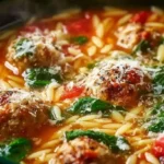 A steaming bowl of meatball orzo soup with spinach, tomatoes, and grated Parmesan cheese in a dark green bowl.