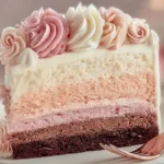 A delicious slice of Neapolitan Cake with ombre layers of chocolate, strawberry, and vanilla, topped with frosting roses, served on a white plate.