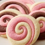 A plate of delicious Neapolitan Swirl Cookies with pink, brown, and cream colored dough arranged in a beautiful spiral pattern.