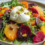 A close-up of a vibrant Roasted Beets and Carrots Salad with Burrata, garnished with pistachios and fresh arugula on a white plate.
