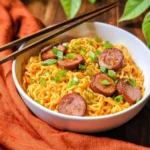 A close-up of a white bowl filled with delicious Sausage Ramen, garnished with fresh green onions and dark chopsticks resting on the rim.