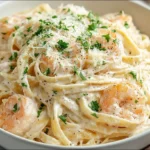 A close-up shot of a white bowl filled with creamy Shrimp Alfredo Fettuccine, garnished with fresh parsley and grated Parmesan cheese.