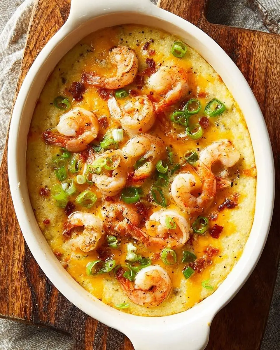 Shrimp and Grits Casserole 28 Delicious Shrimp and Grits Casserole in a white dish, featuring plump shrimp, melted cheese, bacon, and green onions.