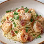 A close-up of a creamy Shrimp Carbonara pasta dish with crispy bacon, grated cheese, and fresh parsley, served in a bowl.