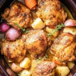Delicious Slow-Cooker Chicken Thighs with golden-brown skin, tender potatoes, red onions, and carrots simmering in a rich sauce.