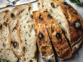 Slices of golden-crusted Sourdough Olive Bread with a creamy interior and visible olives, alongside fresh rosemary and a bread knife on a marble surface.