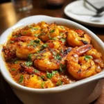 A vibrant white bowl showcases delicious Spicy Voodoo Shrimp, grilled prawns in a rich sauce, garnished with fresh green herbs.