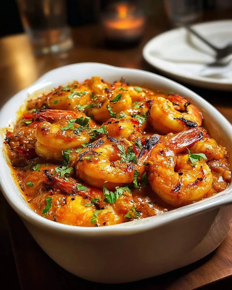 Spicy Voodoo Shrimp 29 A vibrant white bowl showcases delicious Spicy Voodoo Shrimp, grilled prawns in a rich sauce, garnished with fresh green herbs.
