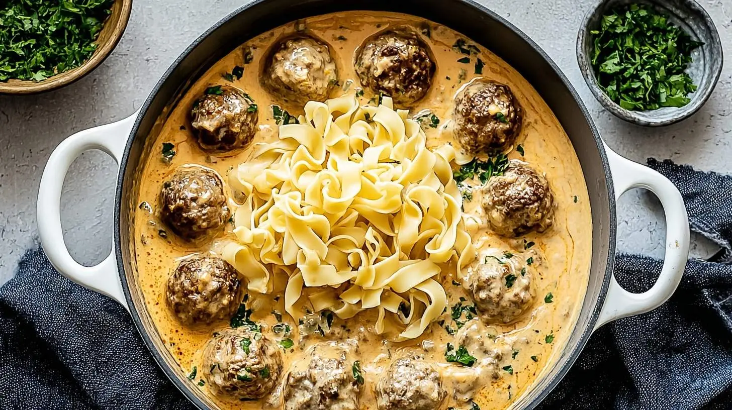 A close-up of a bowl of creamy Swedish Meatball Soup with egg noodles and fresh parsley.
