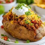 A baked potato loaded with seasoned ground beef, shredded cheddar cheese, sour cream, and fresh cilantro, served as delicious taco potatoes.