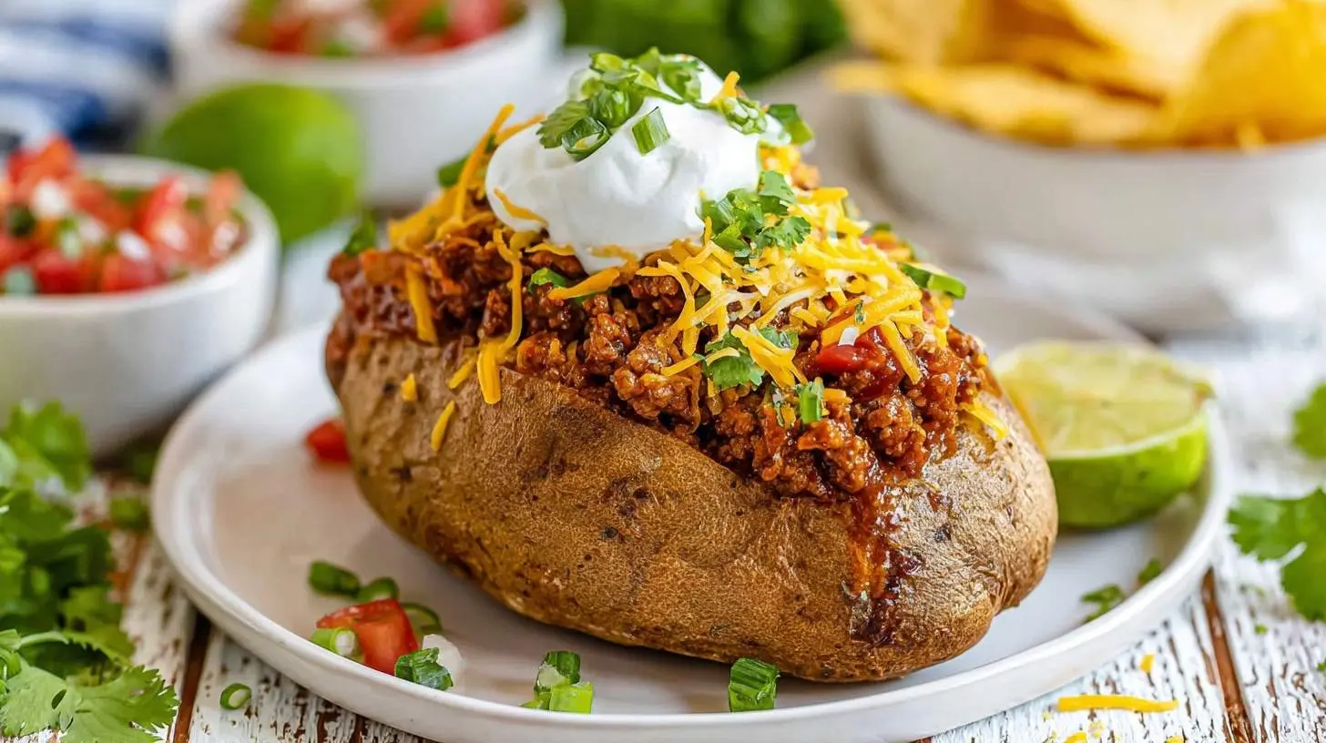 taco potatoes 28 A baked potato loaded with seasoned ground beef, shredded cheddar cheese, sour cream, and fresh cilantro, served as delicious taco potatoes.