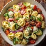 A vibrant Tortellini Pasta Salad in a white bowl, featuring tortellini, cherry tomatoes, zucchini, red onion, mozzarella, and fresh basil.