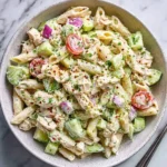 Overhead view of a creamy Tuna Pasta Salad in a white speckled bowl, mixed with penne, cucumber, red onion, tomatoes, and parsley.