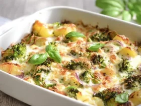 Turkey Broccoli Casserole 47 A bubbling Turkey Broccoli Casserole baked golden brown with tender potatoes, red onions, and fresh basil in a white baking dish.