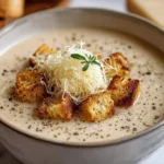 Creamy tuscan parmesan soup in a bowl, topped with crispy croutons, shredded Parmesan cheese, and fresh thyme, with bread nearby.