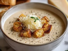 Creamy tuscan parmesan soup in a bowl, topped with crispy croutons, shredded Parmesan cheese, and fresh thyme, with bread nearby.