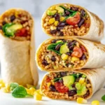 A stack of three cut-open vegan burritos, revealing a filling of brown rice, black beans, corn, avocado, and tomato, with one standing in the background.