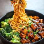 Chopsticks lifting saucy noodles from a delicious Vegan Teriyaki Noodle Bowl with glazed tofu, fresh broccoli, and green onions.