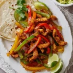 Close-up of a white platter featuring vibrant Air Fryer Chicken Fajitas with seasoned chicken, colorful peppers, onions, lime, and tortillas.