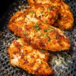 Golden-brown Air Fryer Garlic Parmesan Chicken pieces, garnished with parsley, cooked on a dark perforated tray.