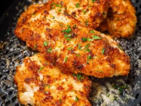 Golden-brown Air Fryer Garlic Parmesan Chicken pieces, garnished with parsley, cooked on a dark perforated tray.