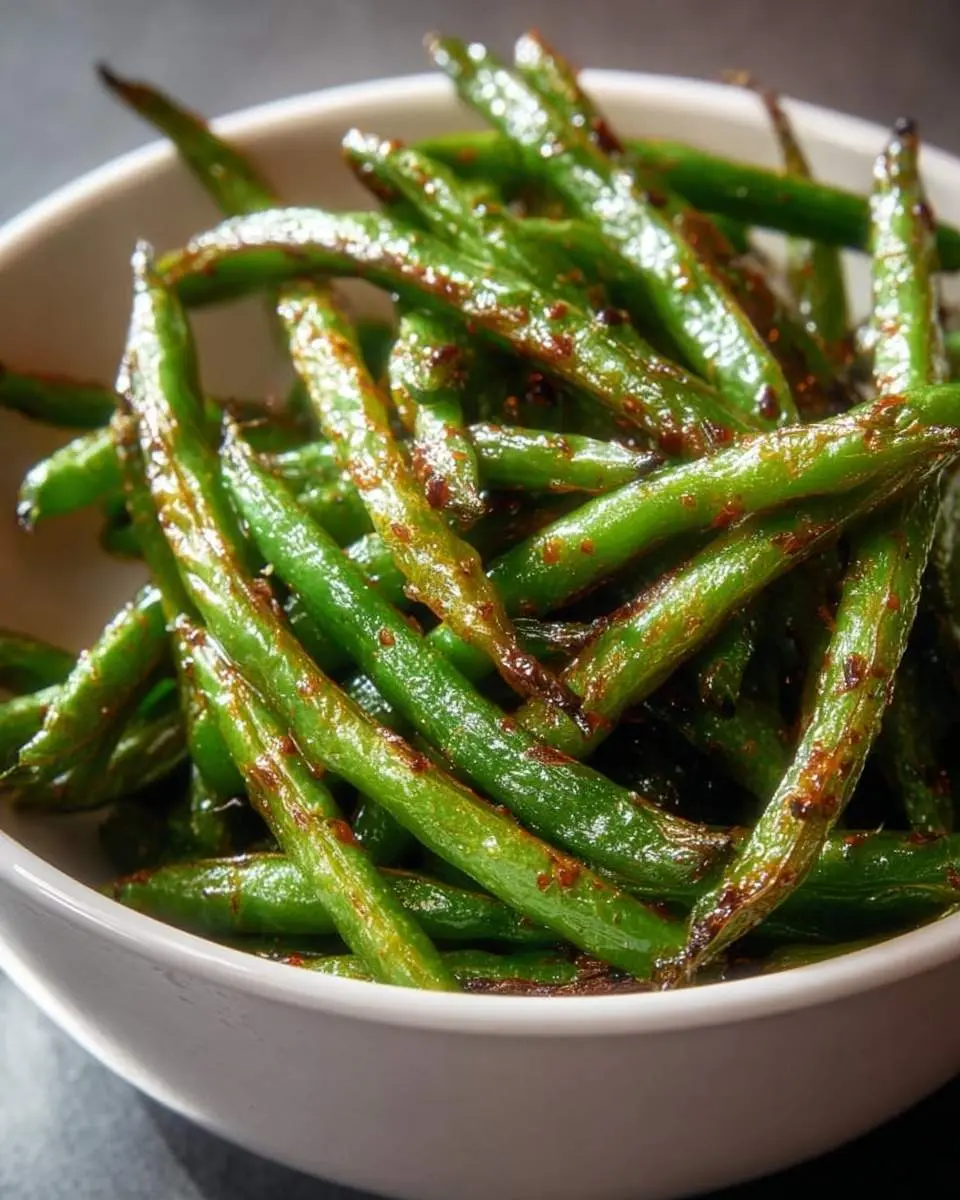 Air Fryer Green Beans 28 White bowl filled with perfectly roasted Air Fryer Green Beans, vibrant green with savory, slightly charred edges.