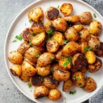 A white plate piled high with perfectly golden-brown Air Fryer Honey Mustard Potatoes, garnished with fresh green parsley.