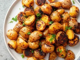 A white plate piled high with perfectly golden-brown Air Fryer Honey Mustard Potatoes, garnished with fresh green parsley.
