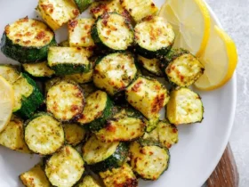 A white plate holds delicious Air Fryer Lemon Zucchini and golden halloumi cubes, garnished with fresh lemon slices.